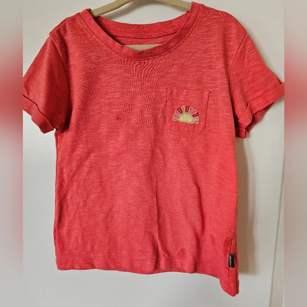 xs 5/6 Eddie Bauer orange red tshirt cuffed sleeves chest pocket embroidered sun